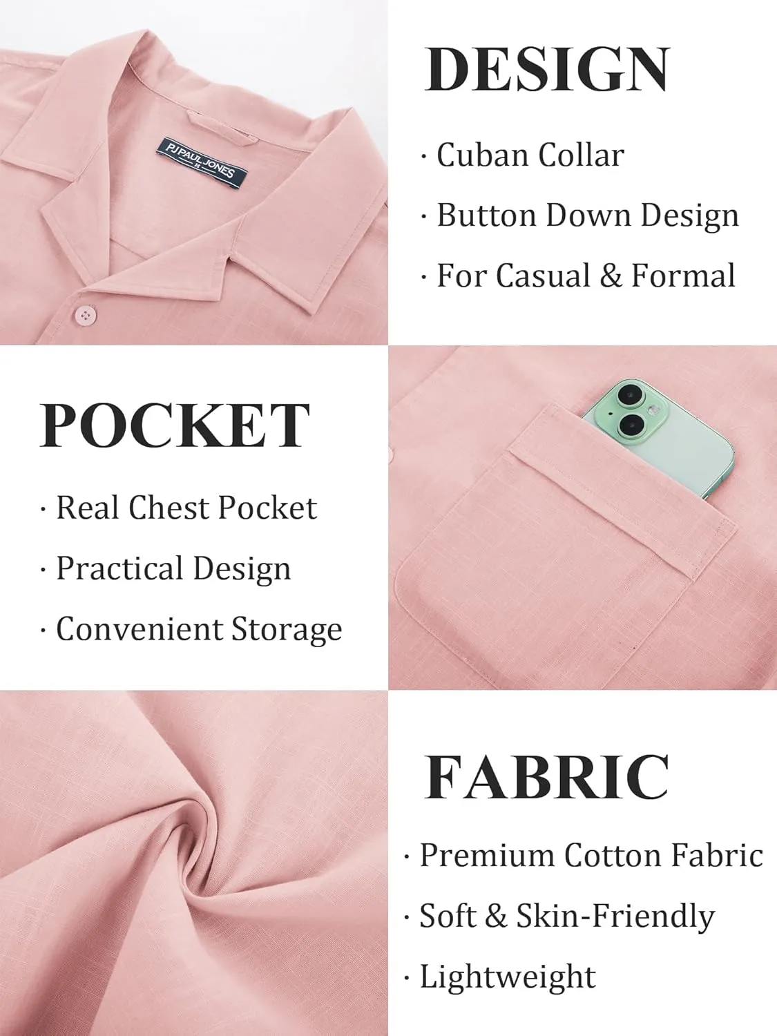 PJ PAUL JONES Mens Short Sleeve Button Down Shirts Untuckit Cuban Casual Shirt with Pocket for Summer Beach