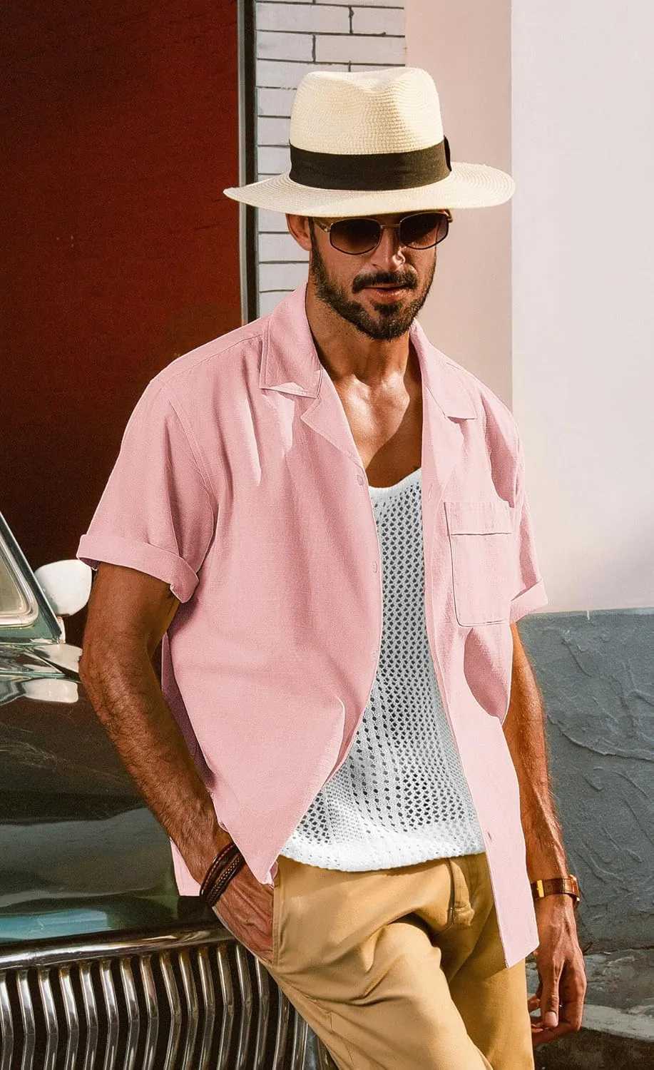 PJ PAUL JONES Mens Short Sleeve Button Down Shirts Untuckit Cuban Casual Shirt with Pocket for Summer Beach