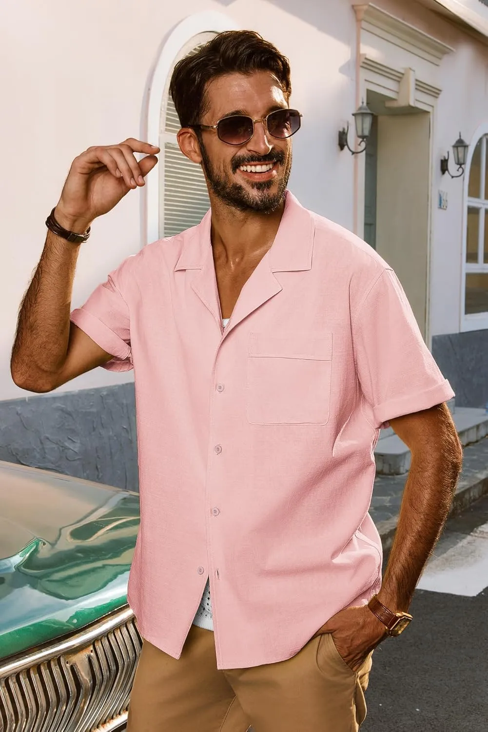PJ PAUL JONES Mens Short Sleeve Button Down Shirts Untuckit Cuban Casual Shirt with Pocket for Summer Beach