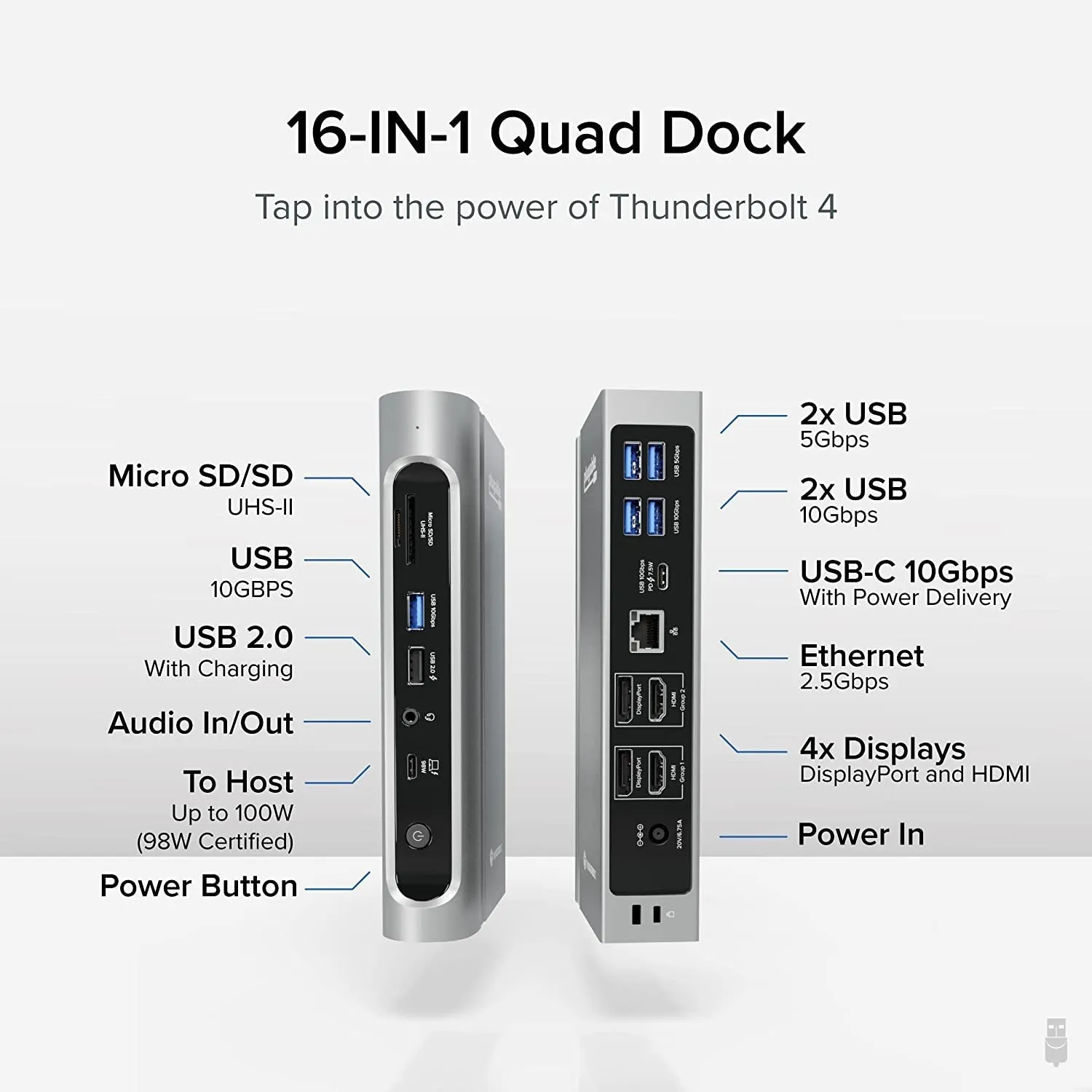 Plugable 16-In-1 Thunderbolt 4 Dock with 100W Charging, 4K Quad Monitor Setup for Thunderbolt 4 Windows Laptops, Thunderbolt Certified Dock with 2X HDMI, 2X Displayport, 2.5G Ethernet, 7X USB, SD