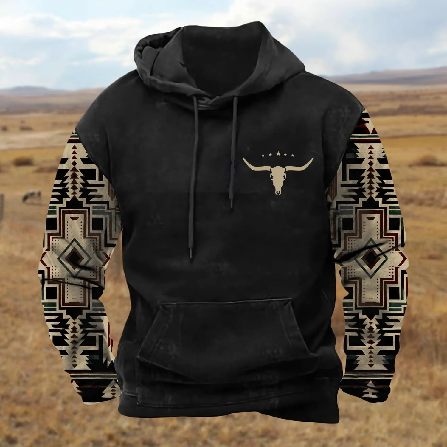 PORCLAY Mens Aztec Hoodie Western Cowboy Hooded Sweatshirt Country Graphic Print Oversized Pullover Shirts with Pocket