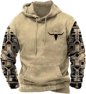 PORCLAY Mens Aztec Hoodie Western Cowboy Hooded Sweatshirt Country Graphic Print Oversized Pullover Shirts with Pocket