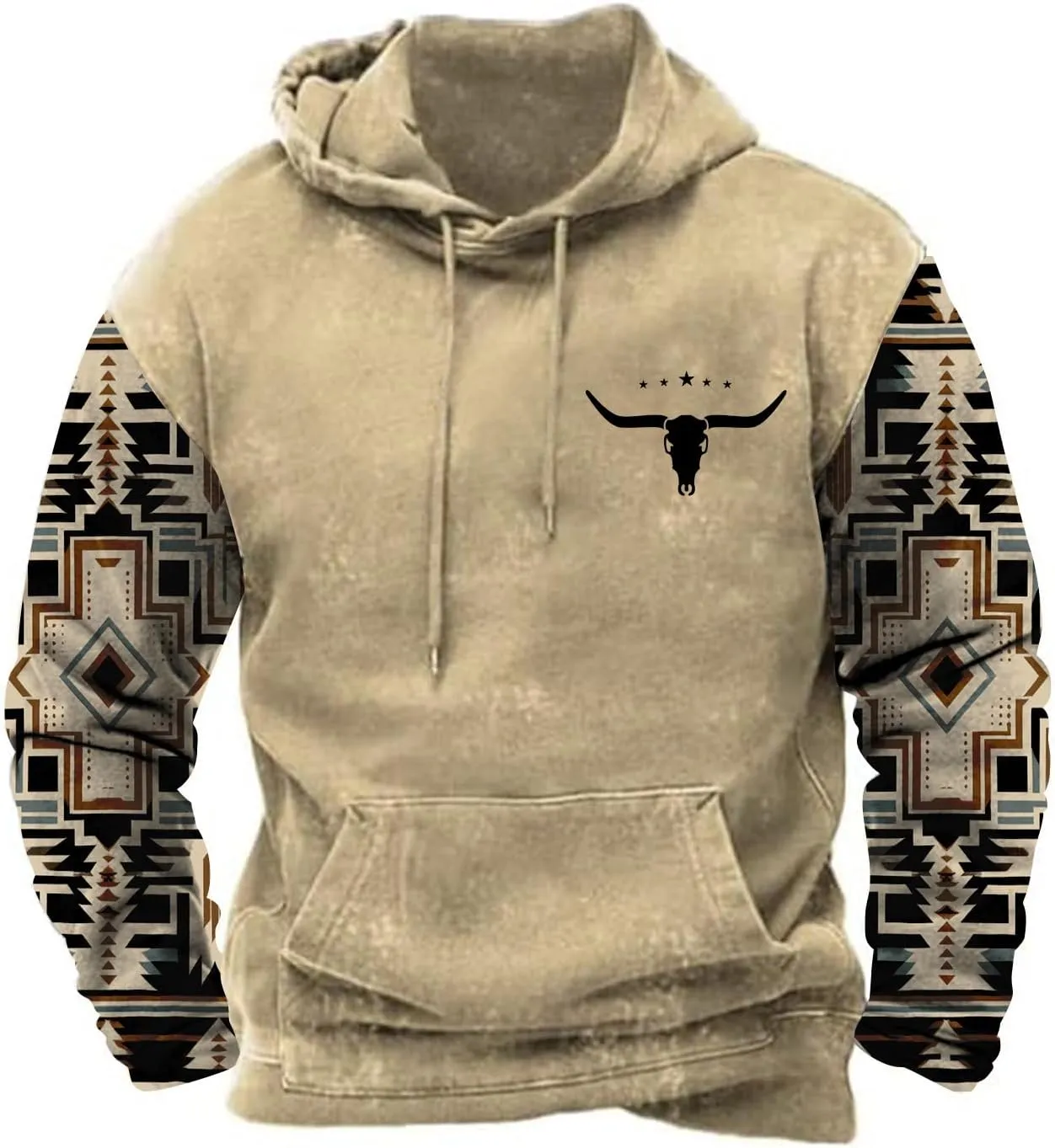 PORCLAY Mens Aztec Hoodie Western Cowboy Hooded Sweatshirt Country Graphic Print Oversized Pullover Shirts with Pocket