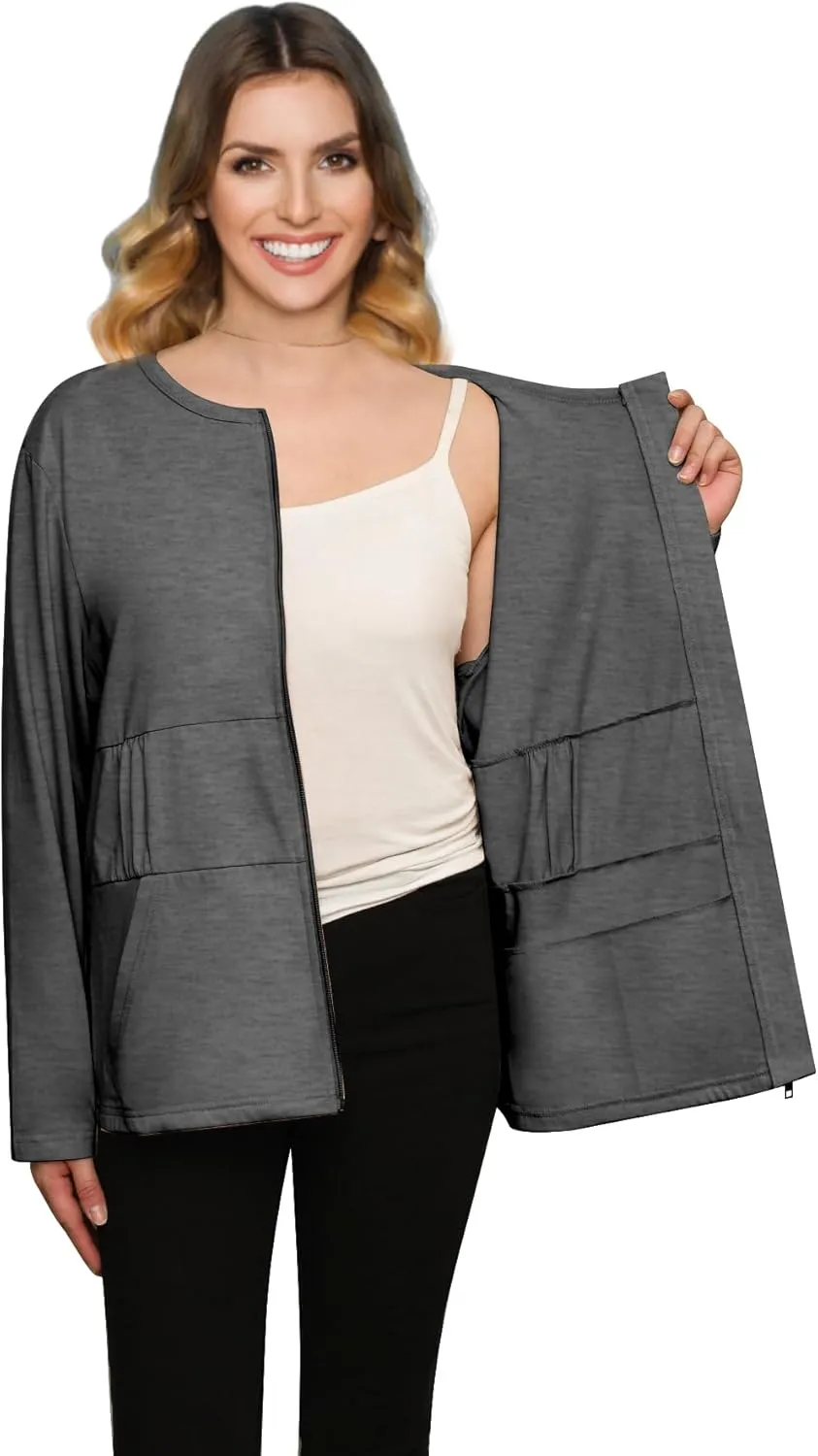 Post Mastectomy Recovery Zipper Closure Collar Long Sleeves Shirt Camisole with 4 Drain Pockets-Post Shoulder Surgery Shirts