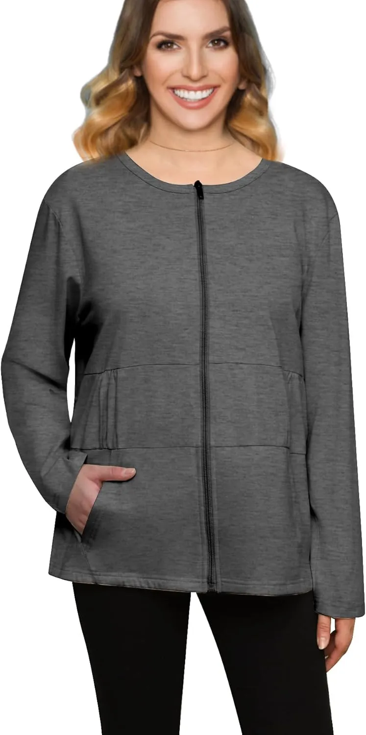Post Mastectomy Recovery Zipper Closure Collar Long Sleeves Shirt Camisole with 4 Drain Pockets-Post Shoulder Surgery Shirts