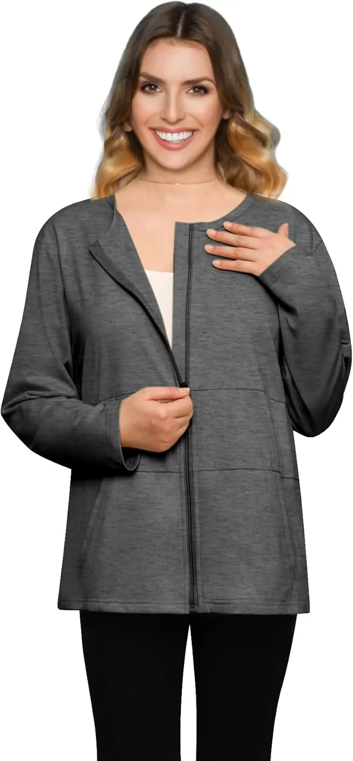 Post Mastectomy Recovery Zipper Closure Collar Long Sleeves Shirt Camisole with 4 Drain Pockets-Post Shoulder Surgery Shirts