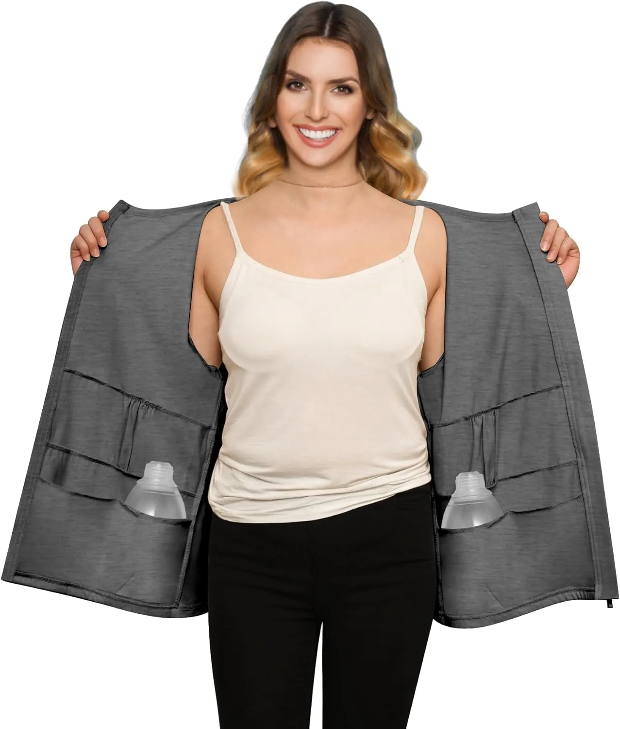 Post Mastectomy Recovery Zipper Closure Collar Long Sleeves Shirt Camisole with 4 Drain Pockets-Post Shoulder Surgery Shirts