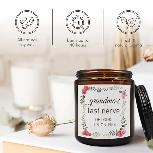 PUHEI Grandam’s Last Nerve Candle, Grandma Candle Gifts for Grandma, Grandma Birthday Gift for Grandma from Granddaughter, Funny Grandma’s Last Nerve It’s On Fire Candle Soy Scented Jar Candles