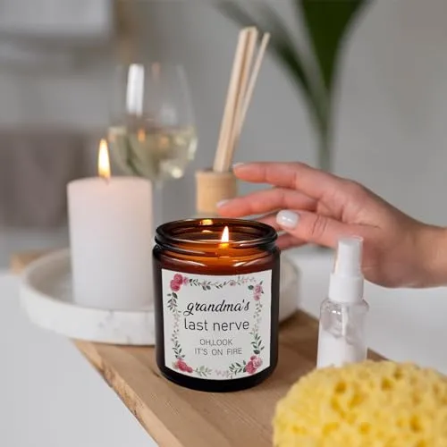 PUHEI Grandam’s Last Nerve Candle, Grandma Candle Gifts for Grandma, Grandma Birthday Gift for Grandma from Granddaughter, Funny Grandma’s Last Nerve It’s On Fire Candle Soy Scented Jar Candles