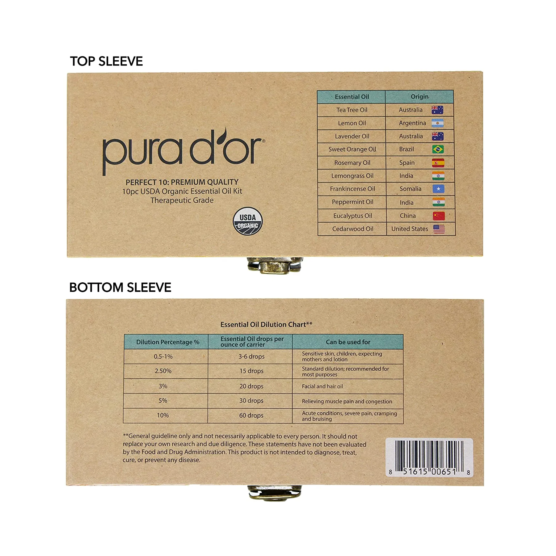 PURA D'OR Organic Essential Oils Set of 10 10ml Perfect10 Wood Box Gift Set- 100% Pure Therapeutic Grade Aromatherapy for Home Diffusers