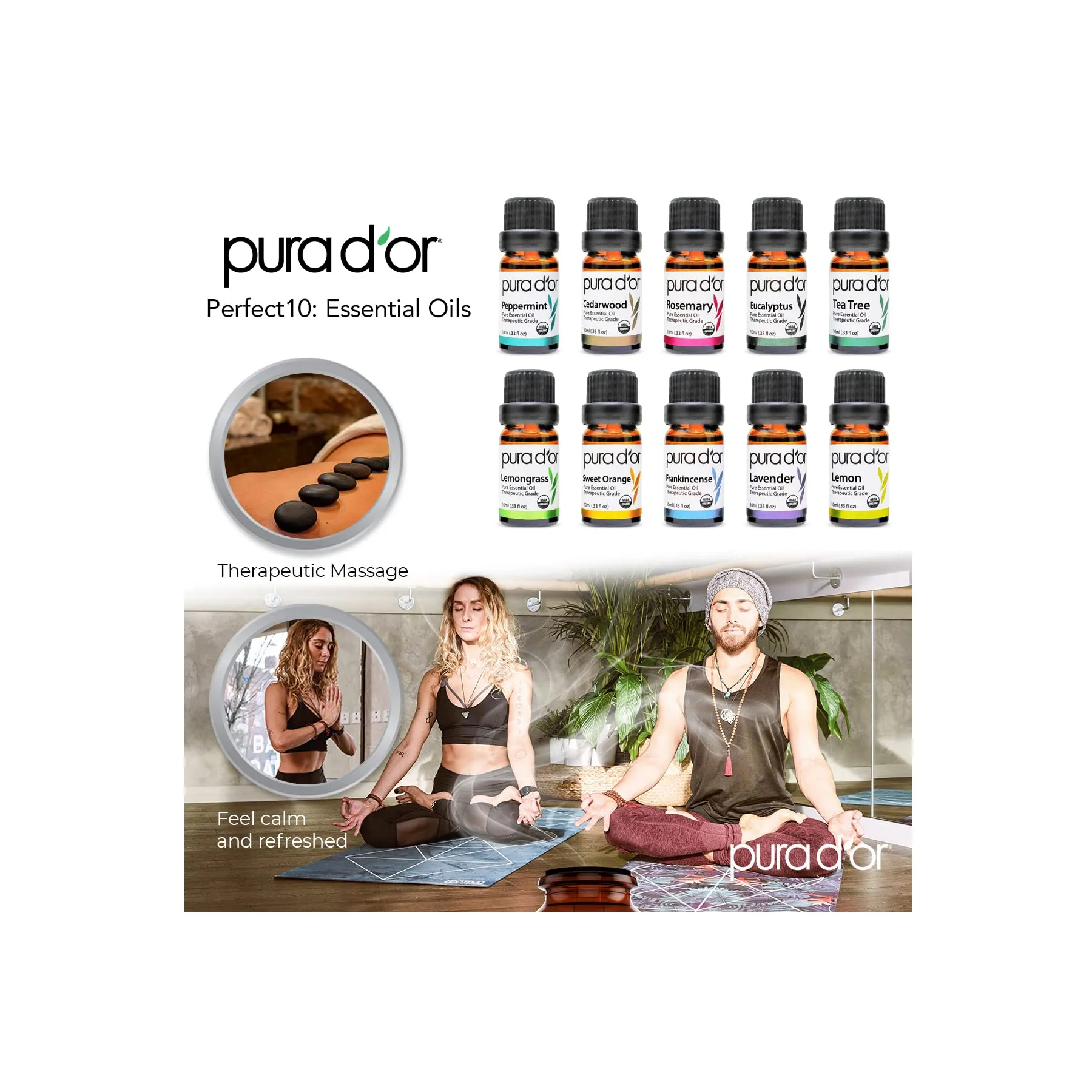 PURA D'OR Organic Essential Oils Set of 10 10ml Perfect10 Wood Box Gift Set- 100% Pure Therapeutic Grade Aromatherapy for Home Diffusers