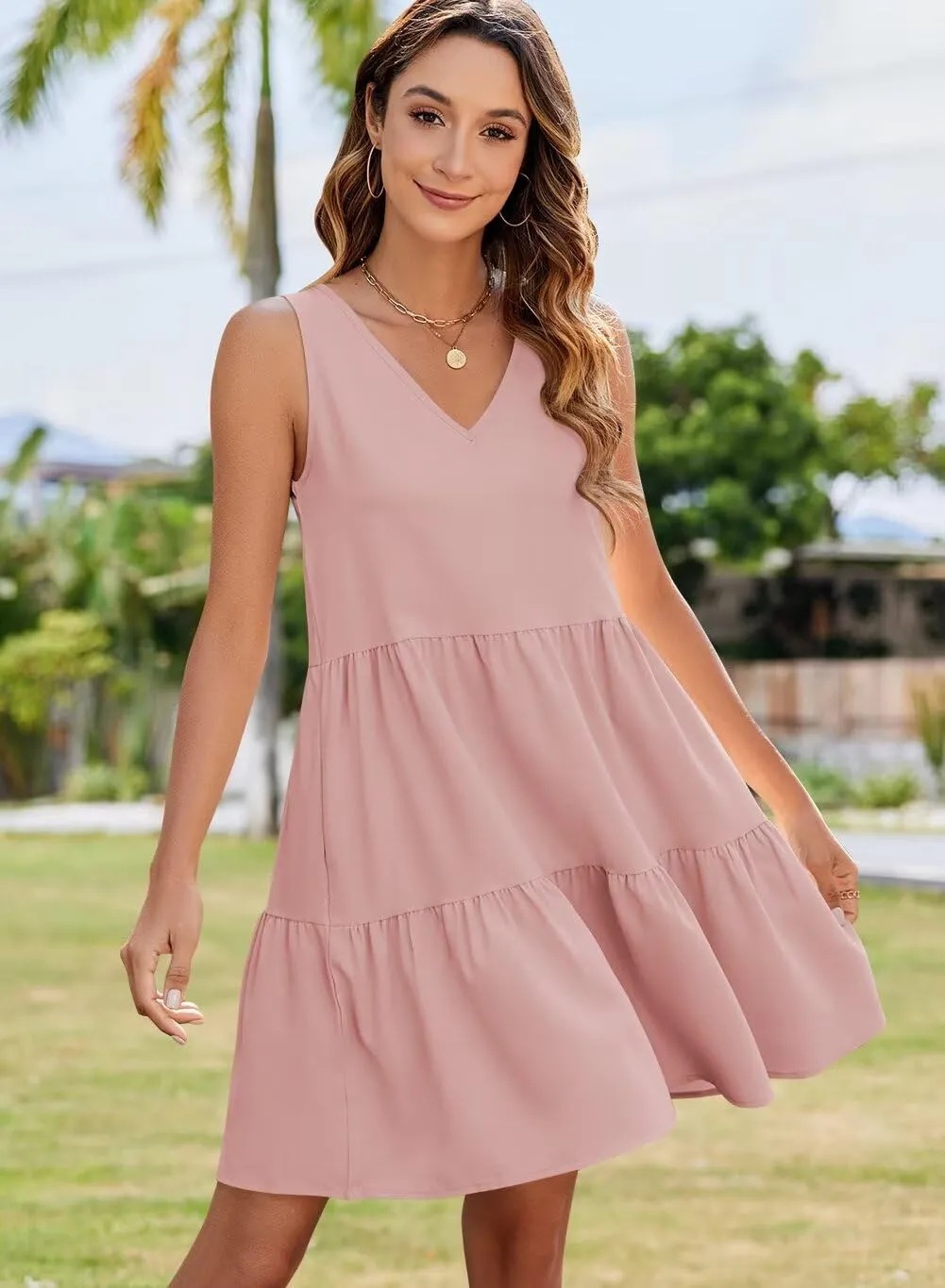 QACOHU Women's Summer Sleeveless V Neck Mini Dress with Pockets Casual Sundress Beach Dresses for Women 2025
