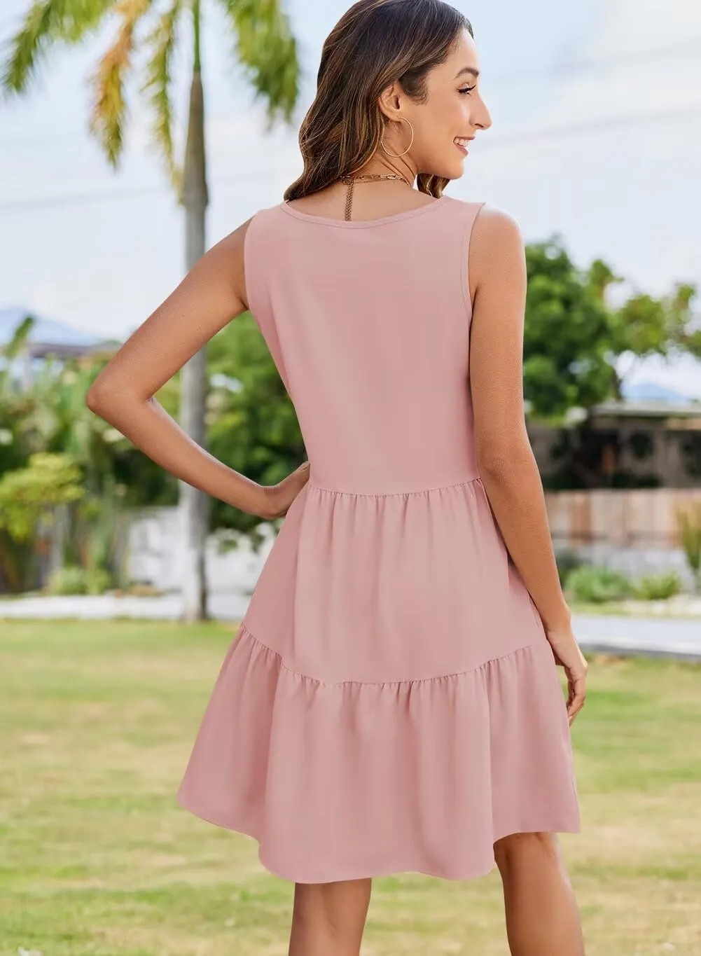 QACOHU Women's Summer Sleeveless V Neck Mini Dress with Pockets Casual Sundress Beach Dresses for Women 2025