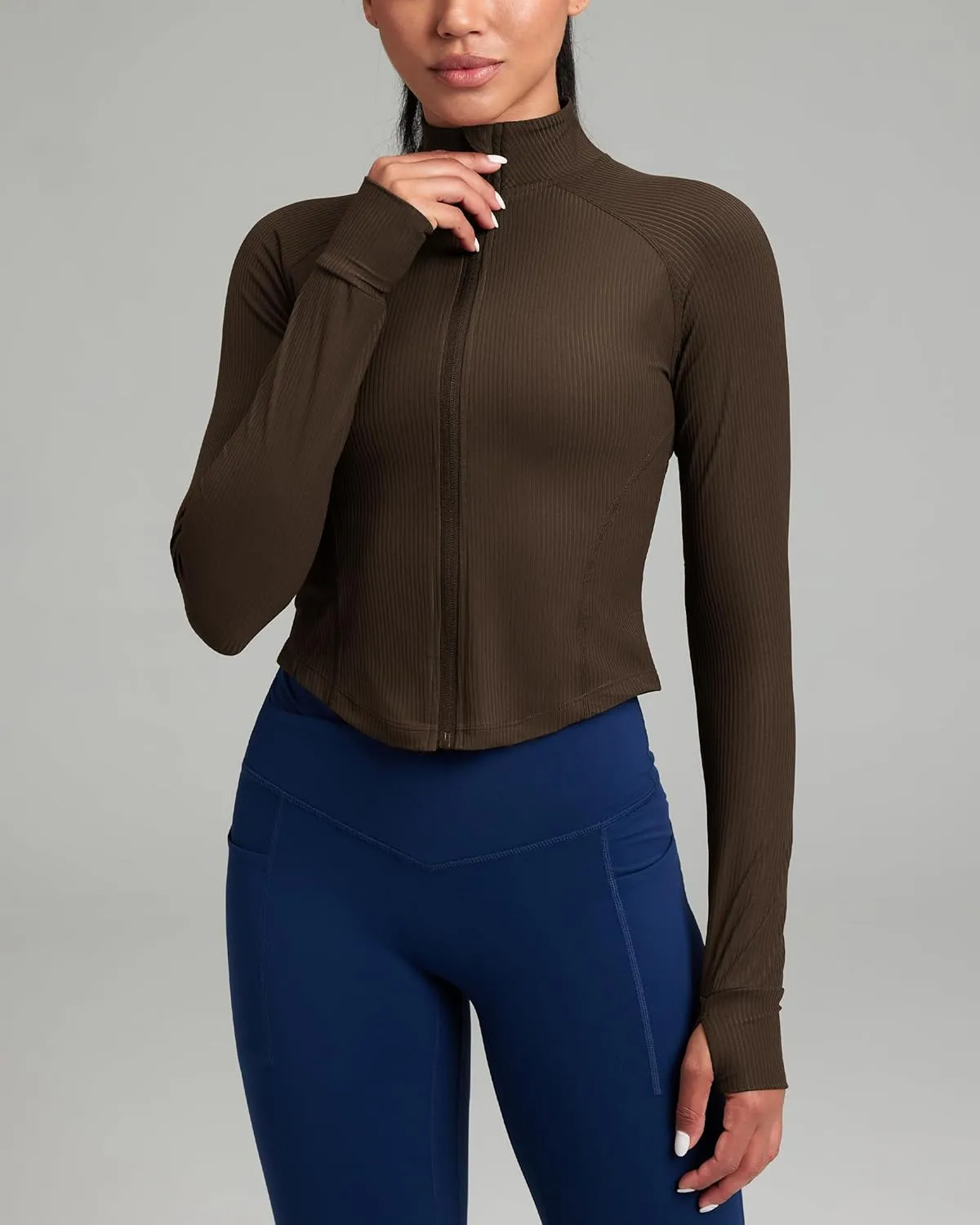QUEENIEKE Women's Cropped Workout Jackets - Zip Up Long Sleeves Athletic Yoga Slim Fit BBL Running Jacket with Thumb Holes