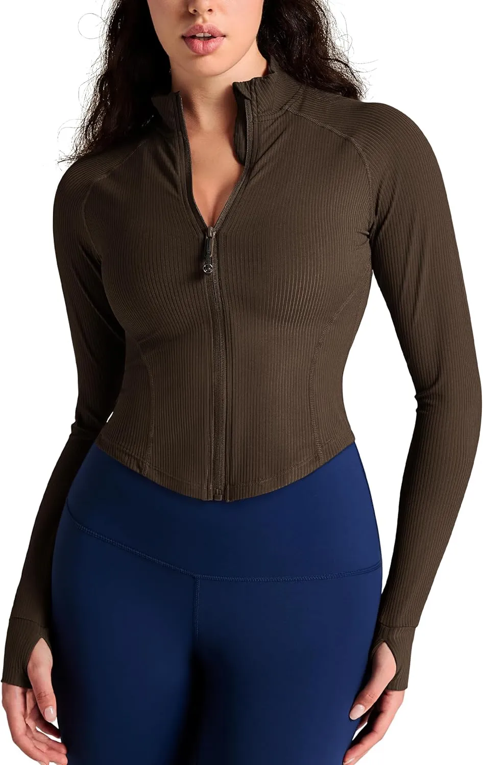 QUEENIEKE Women's Cropped Workout Jackets - Zip Up Long Sleeves Athletic Yoga Slim Fit BBL Running Jacket with Thumb Holes
