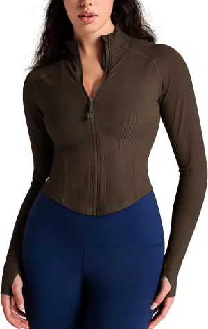 QUEENIEKE Women's Cropped Workout Jackets - Zip Up Long Sleeves Athletic Yoga Slim Fit BBL Running Jacket with Thumb Holes