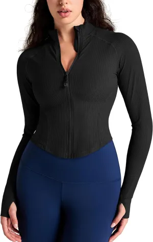 QUEENIEKE Women's Cropped Workout Jackets - Zip Up Long Sleeves Athletic Yoga Slim Fit BBL Running Jacket with Thumb Holes