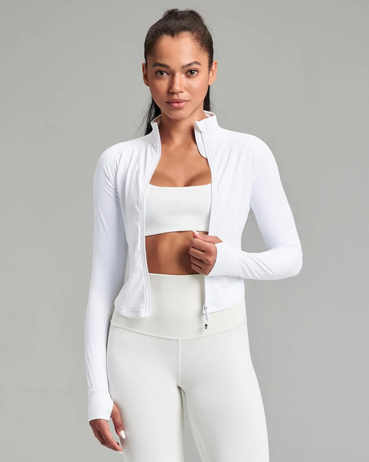QUEENIEKE Women's Cropped Workout Jackets - Zip Up Long Sleeves Athletic Yoga Slim Fit BBL Running Jacket with Thumb Holes