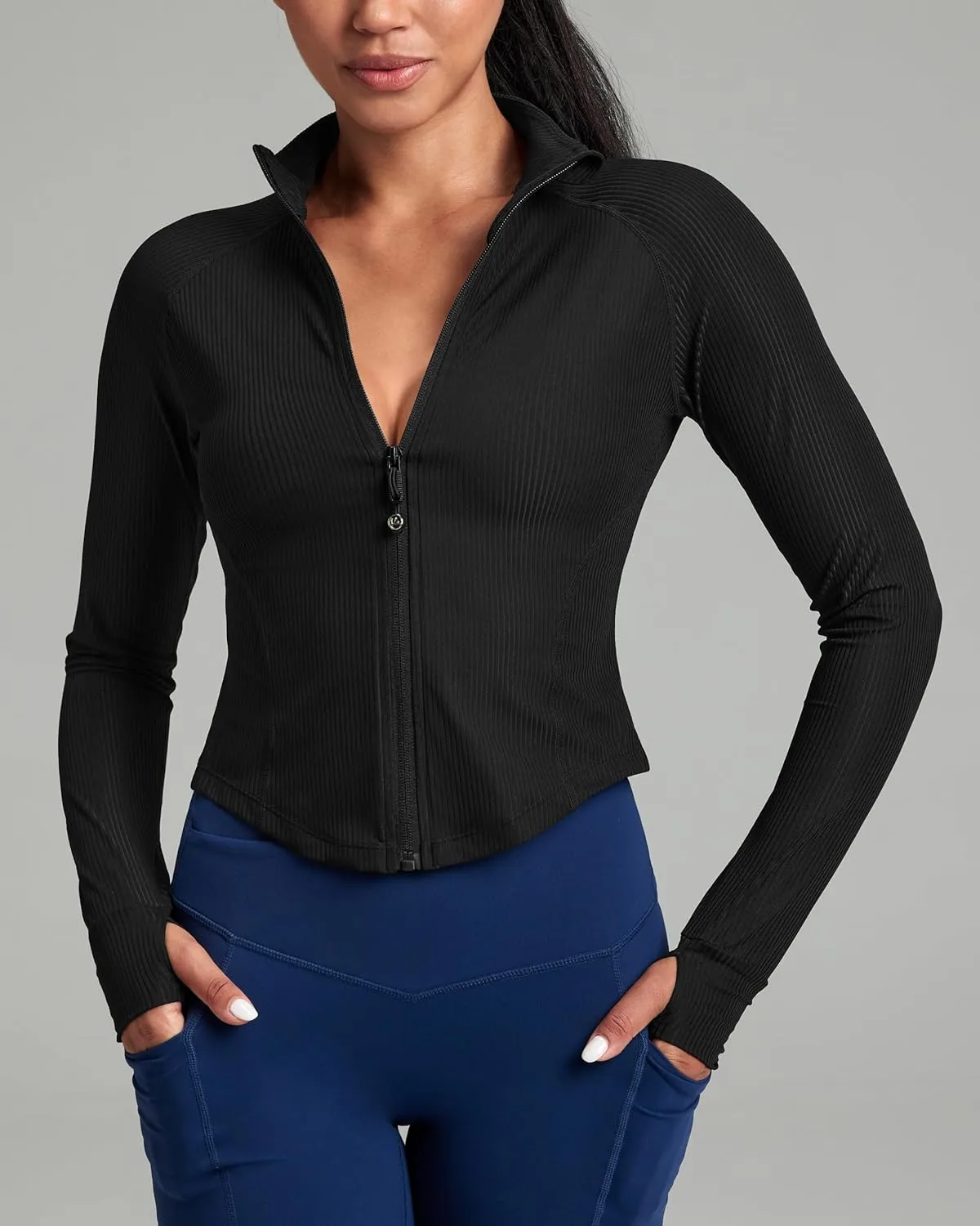 QUEENIEKE Women's Cropped Workout Jackets - Zip Up Long Sleeves Athletic Yoga Slim Fit BBL Running Jacket with Thumb Holes