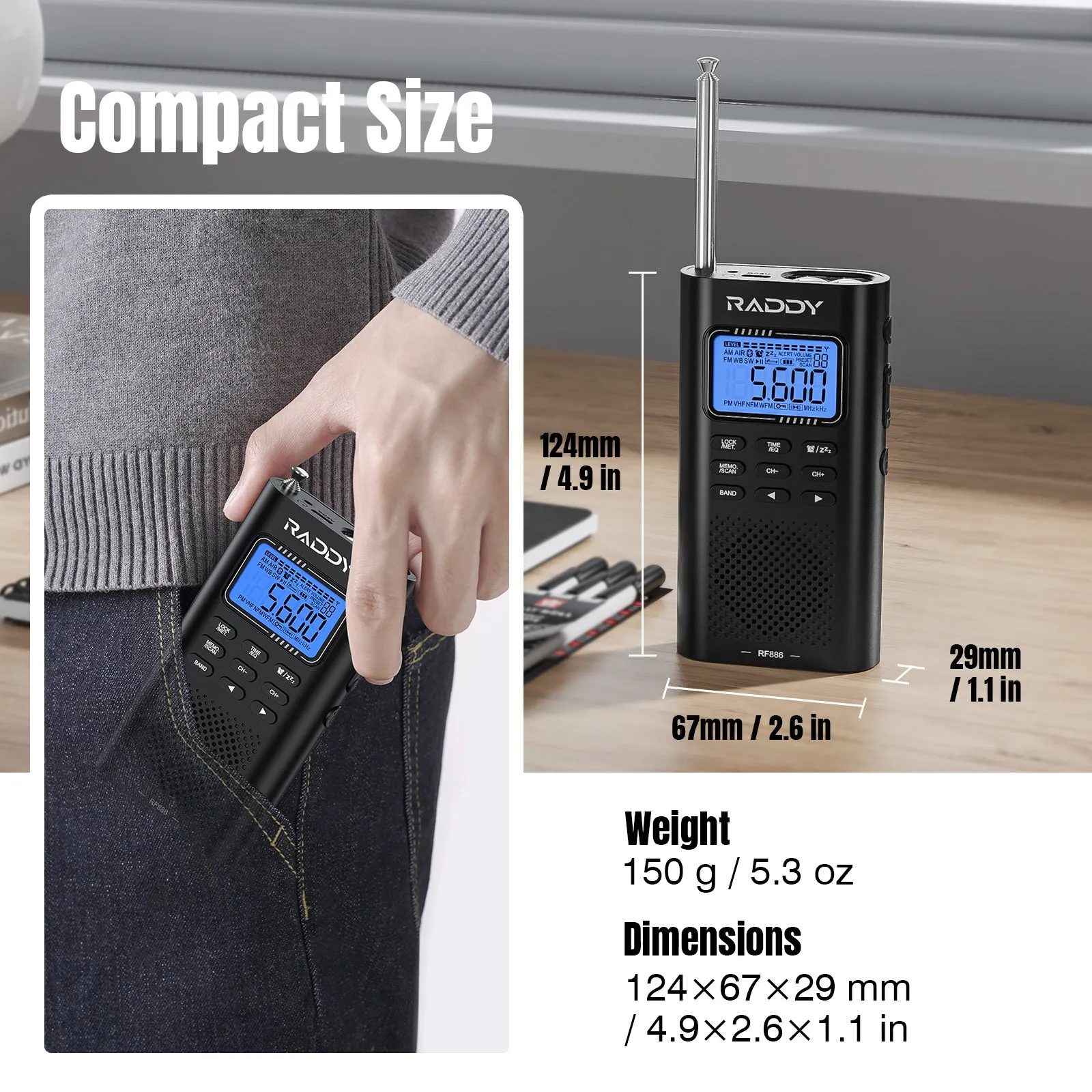 Raddy RF886 Shortwave Radio | AM/FM/SW/VHF/WB | Bluetooth Connection | Rechargeable Pocket Radio | NOAA