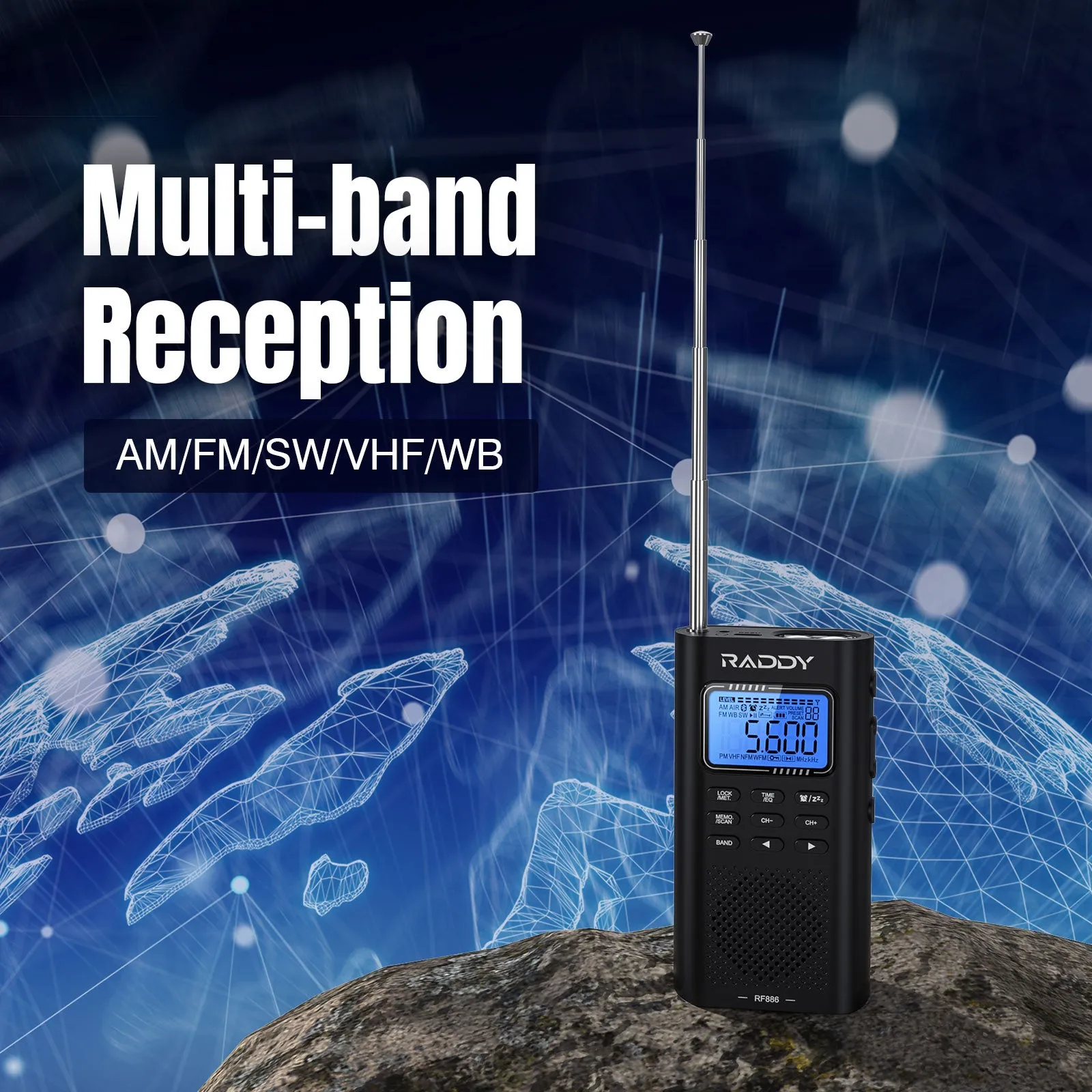 Raddy RF886 Shortwave Radio | AM/FM/SW/VHF/WB | Bluetooth Connection | Rechargeable Pocket Radio | NOAA