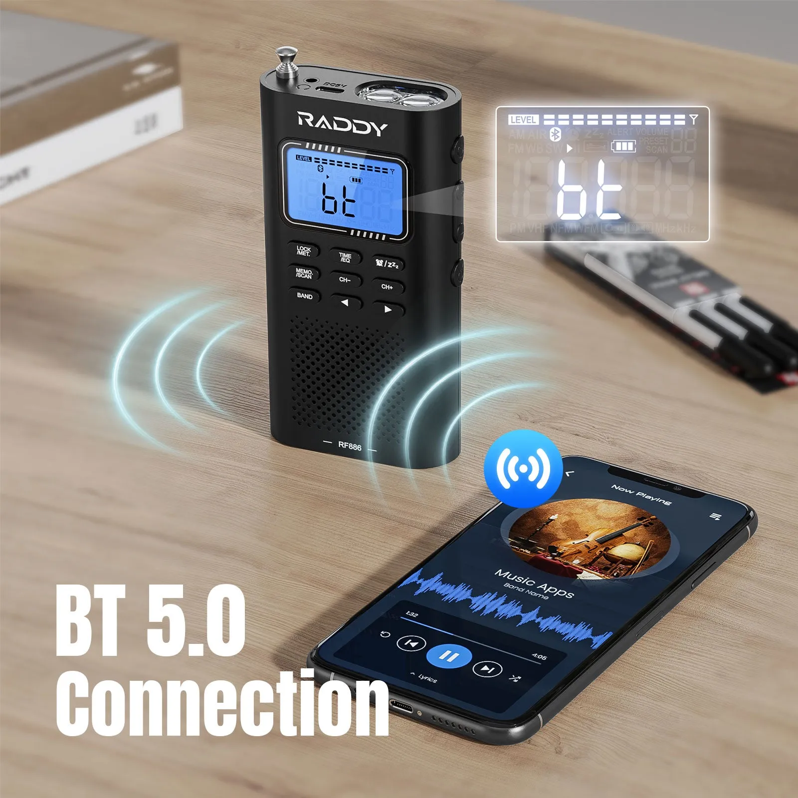 Raddy RF886 Shortwave Radio | AM/FM/SW/VHF/WB | Bluetooth Connection | Rechargeable Pocket Radio | NOAA
