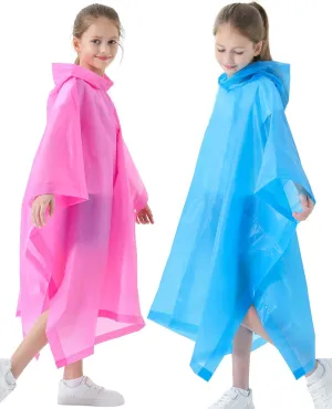 Rain Poncho for Kids(2 Pack) Waterproof Reusable EVA Raincoat One Size Rain Jackets for Children,Boys and Girls