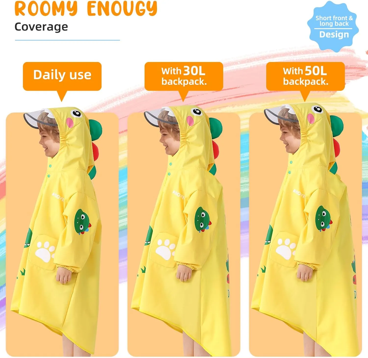 Rain Poncho Kids, Waterproof Rain Coat with Hood, Lightweight Portable Toddler Rain Jacket for Children Boys Girls