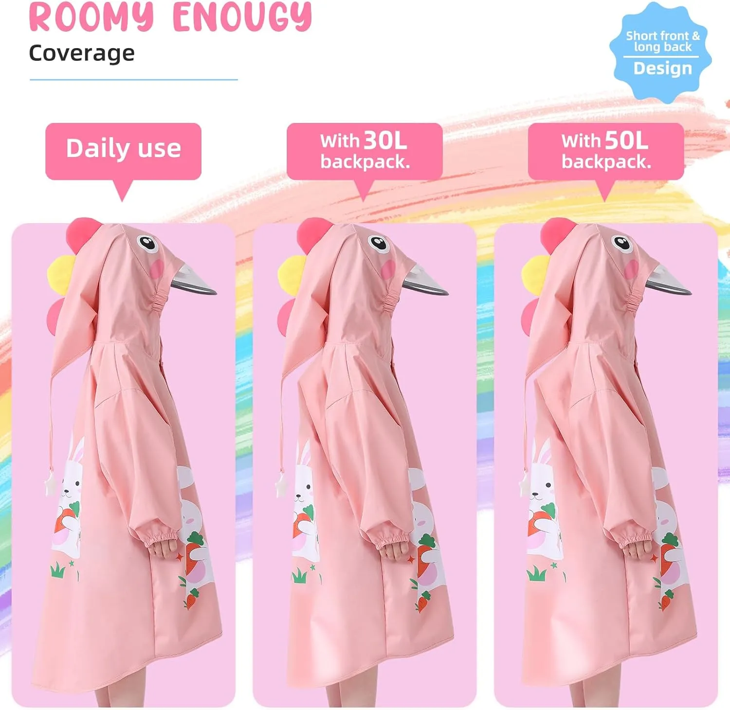 Rain Poncho Kids, Waterproof Rain Coat with Hood, Lightweight Portable Toddler Rain Jacket for Children Boys Girls