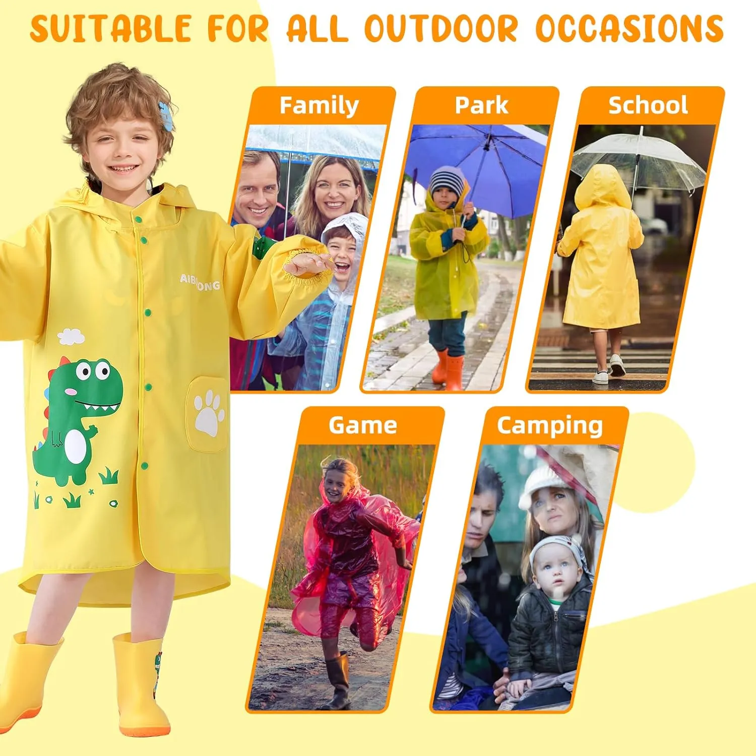 Rain Poncho Kids, Waterproof Rain Coat with Hood, Lightweight Portable Toddler Rain Jacket for Children Boys Girls