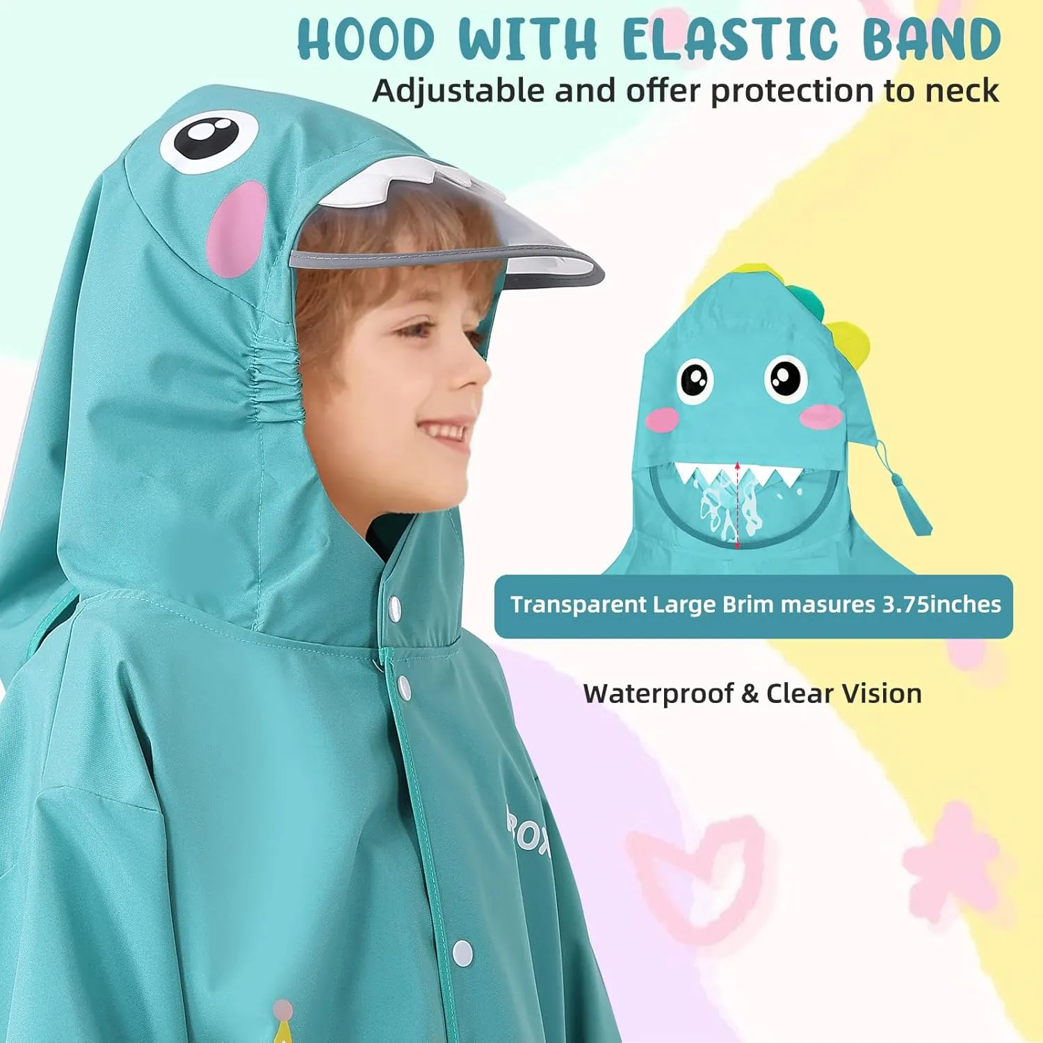 Rain Poncho Kids, Waterproof Rain Coat with Hood, Lightweight Portable Toddler Rain Jacket for Children Boys Girls