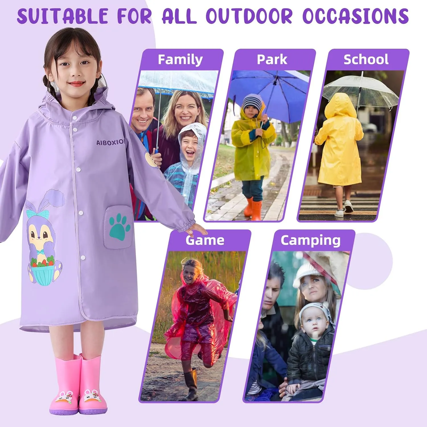 Rain Poncho Kids, Waterproof Rain Coat with Hood, Lightweight Portable Toddler Rain Jacket for Children Boys Girls