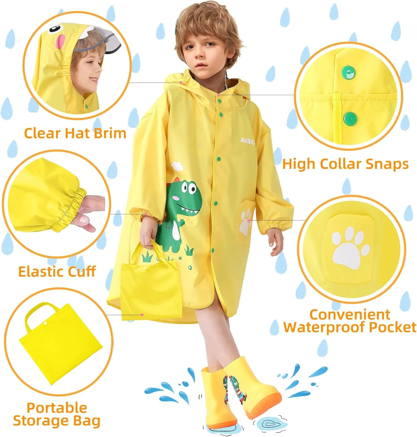 Rain Poncho Kids, Waterproof Rain Coat with Hood, Lightweight Portable Toddler Rain Jacket for Children Boys Girls