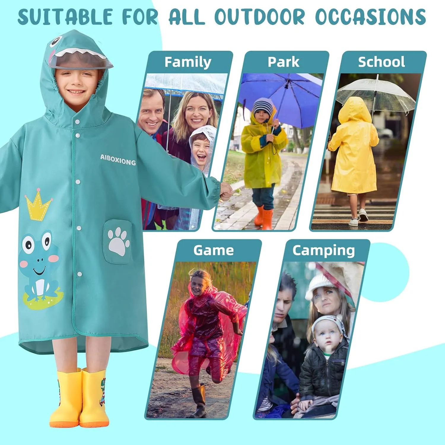 Rain Poncho Kids, Waterproof Rain Coat with Hood, Lightweight Portable Toddler Rain Jacket for Children Boys Girls