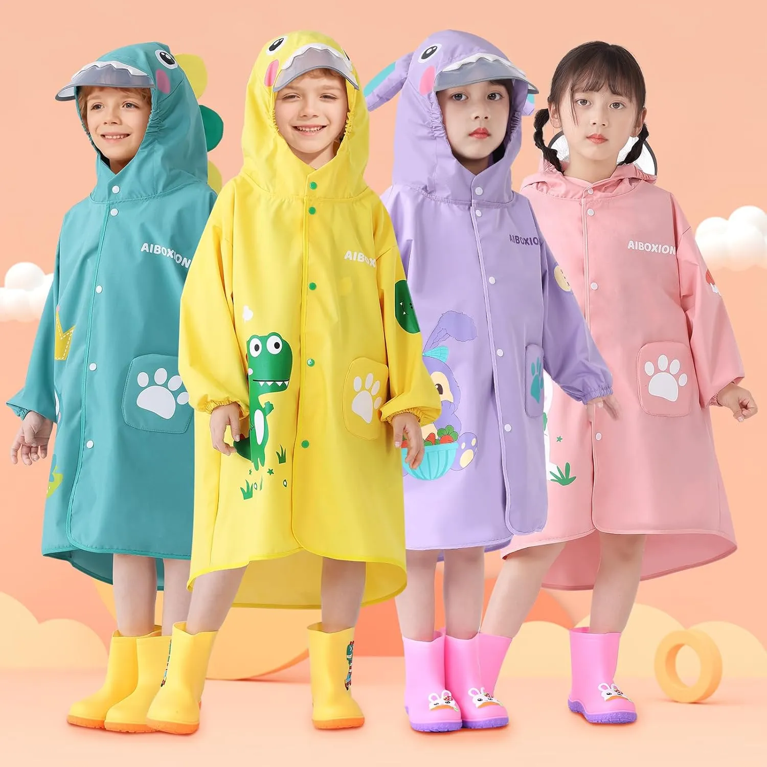 Rain Poncho Kids, Waterproof Rain Coat with Hood, Lightweight Portable Toddler Rain Jacket for Children Boys Girls