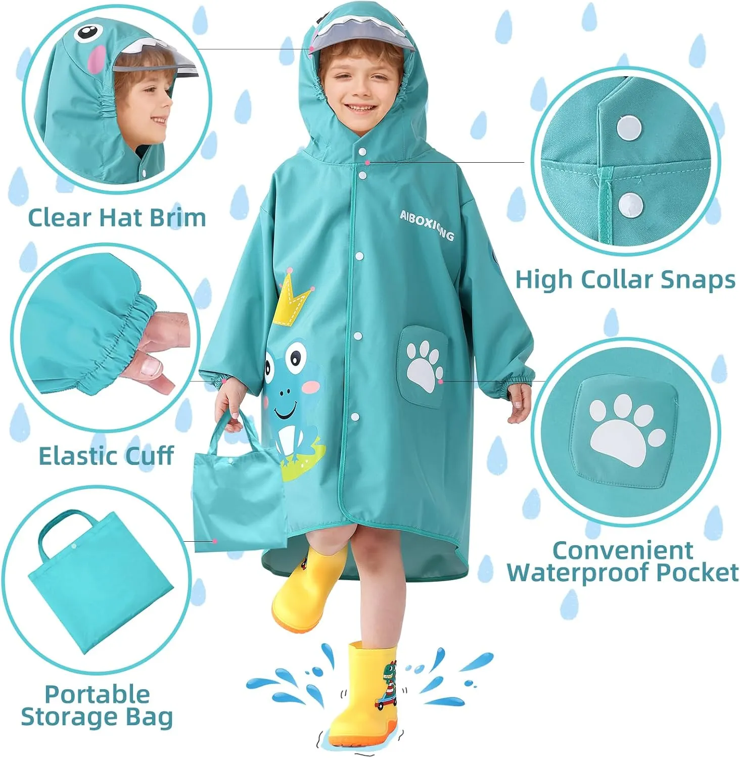 Rain Poncho Kids, Waterproof Rain Coat with Hood, Lightweight Portable Toddler Rain Jacket for Children Boys Girls