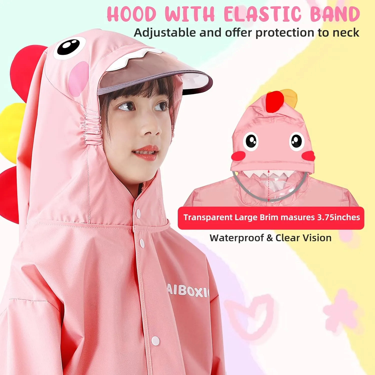 Rain Poncho Kids, Waterproof Rain Coat with Hood, Lightweight Portable Toddler Rain Jacket for Children Boys Girls