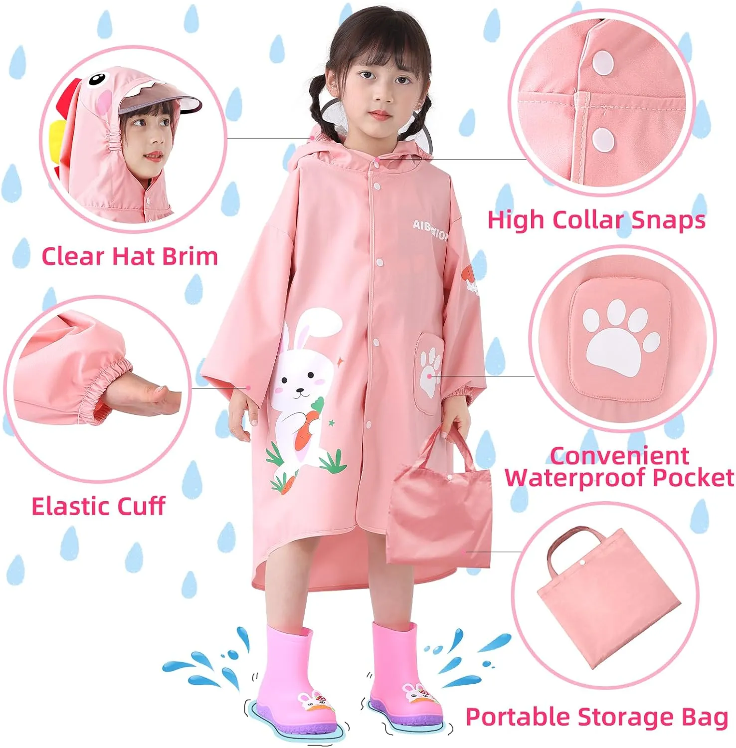 Rain Poncho Kids, Waterproof Rain Coat with Hood, Lightweight Portable Toddler Rain Jacket for Children Boys Girls