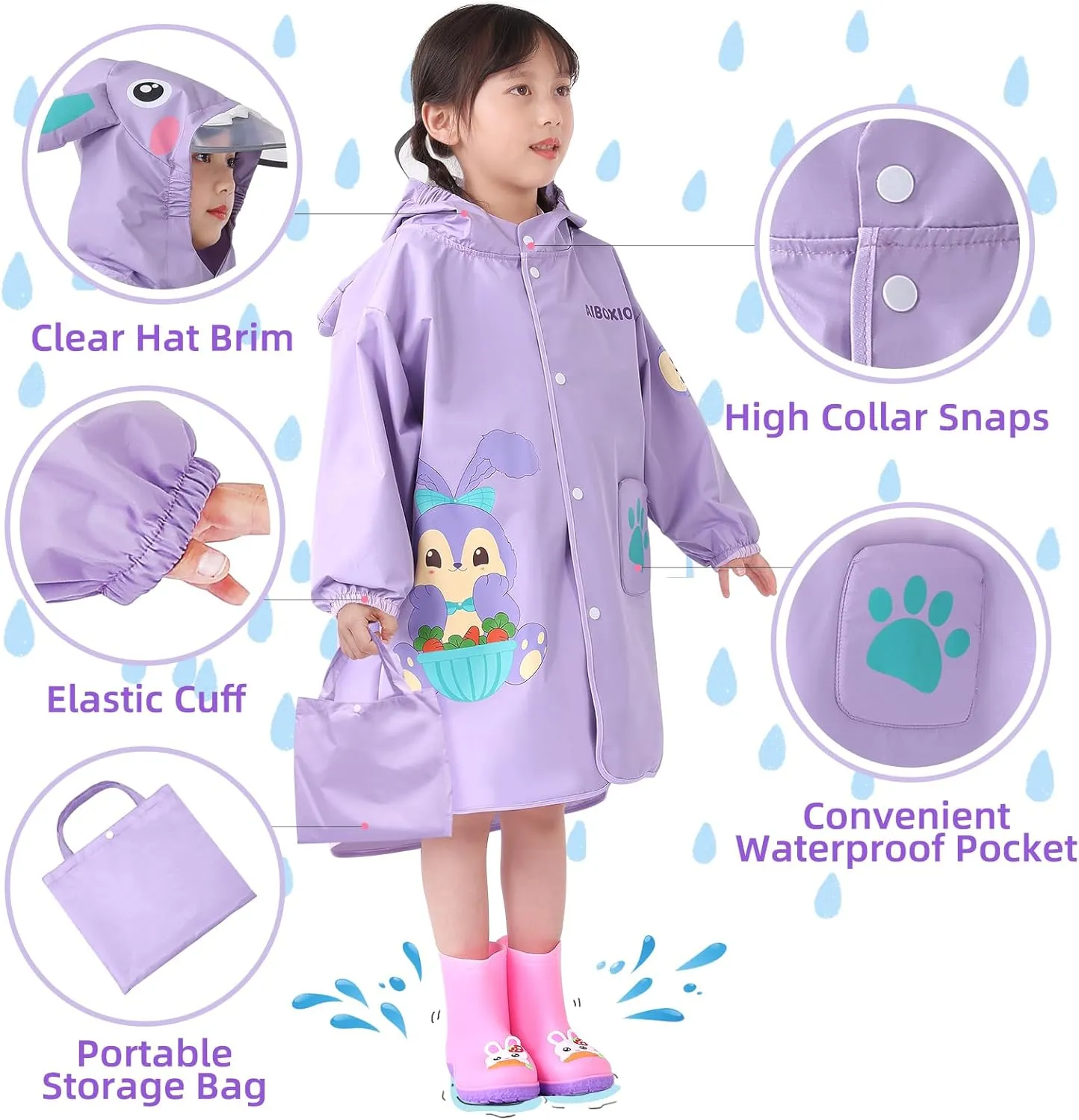 Rain Poncho Kids, Waterproof Rain Coat with Hood, Lightweight Portable Toddler Rain Jacket for Children Boys Girls