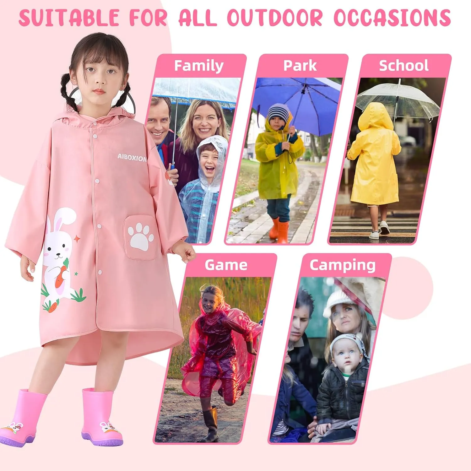Rain Poncho Kids, Waterproof Rain Coat with Hood, Lightweight Portable Toddler Rain Jacket for Children Boys Girls