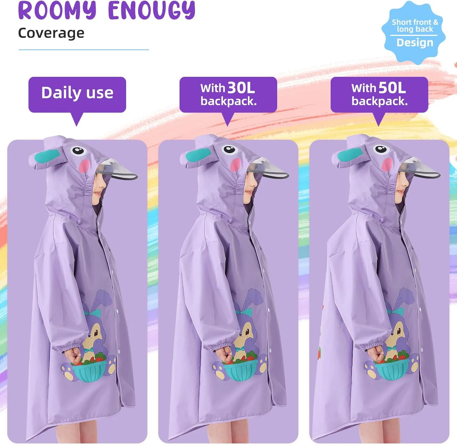 Rain Poncho Kids, Waterproof Rain Coat with Hood, Lightweight Portable Toddler Rain Jacket for Children Boys Girls
