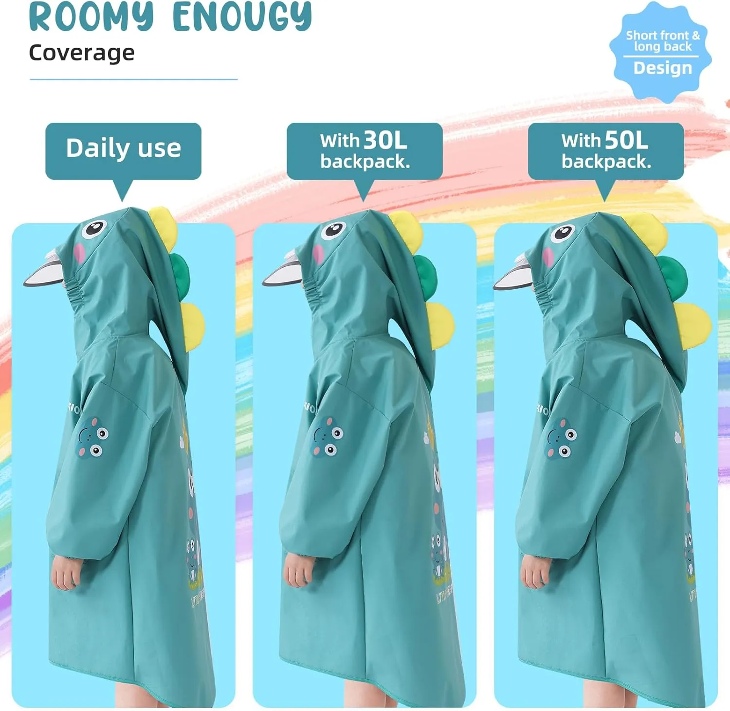 Rain Poncho Kids, Waterproof Rain Coat with Hood, Lightweight Portable Toddler Rain Jacket for Children Boys Girls