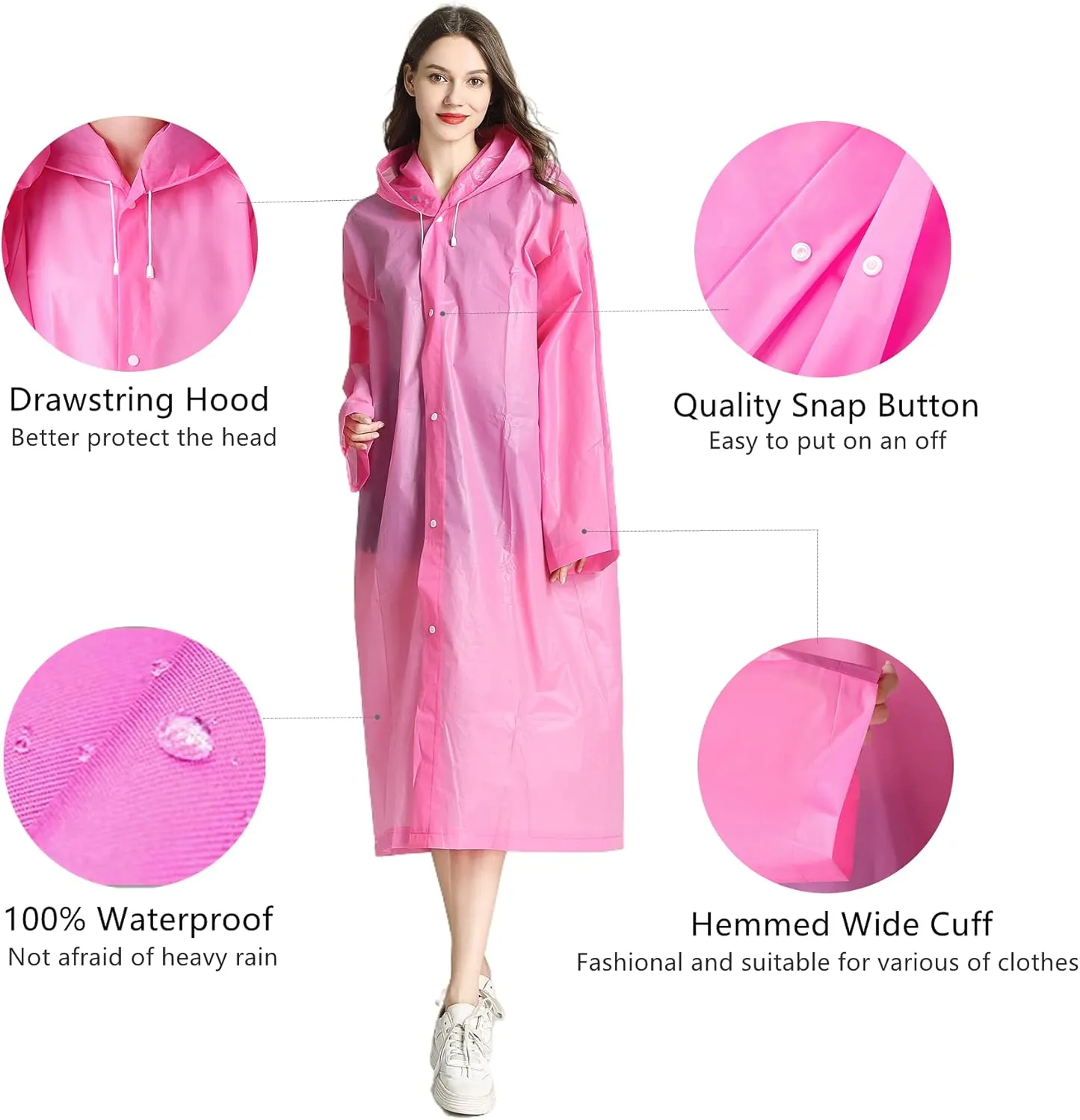 Rain Ponchos for Adults Reusable, 2 Pack Raincoat for Women Men, Waterproof Rain Coat Gear with Hood Drawstring
