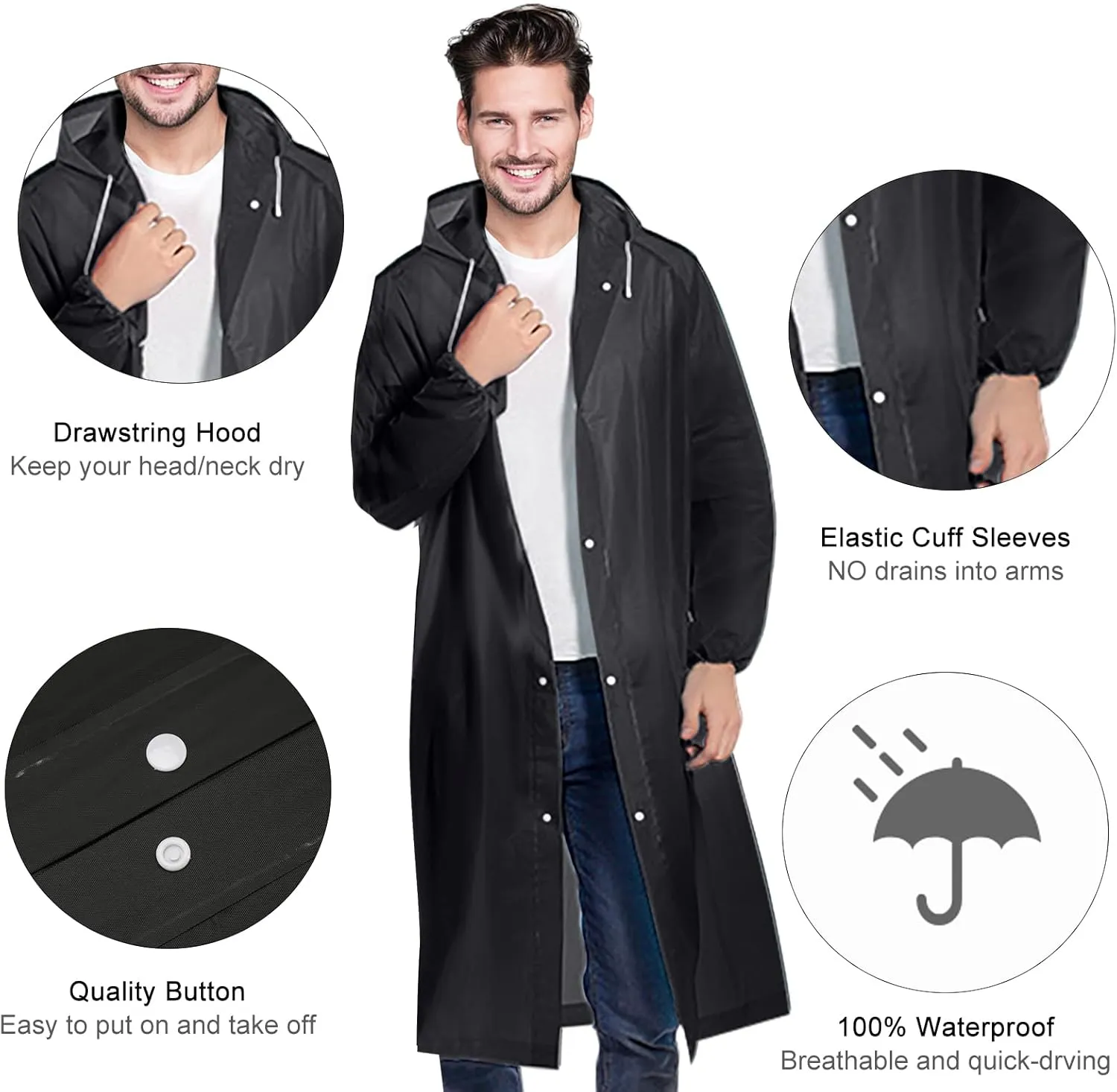 Rain Ponchos for Adults, Reusable Lightweight Rain Coat for Men and Women