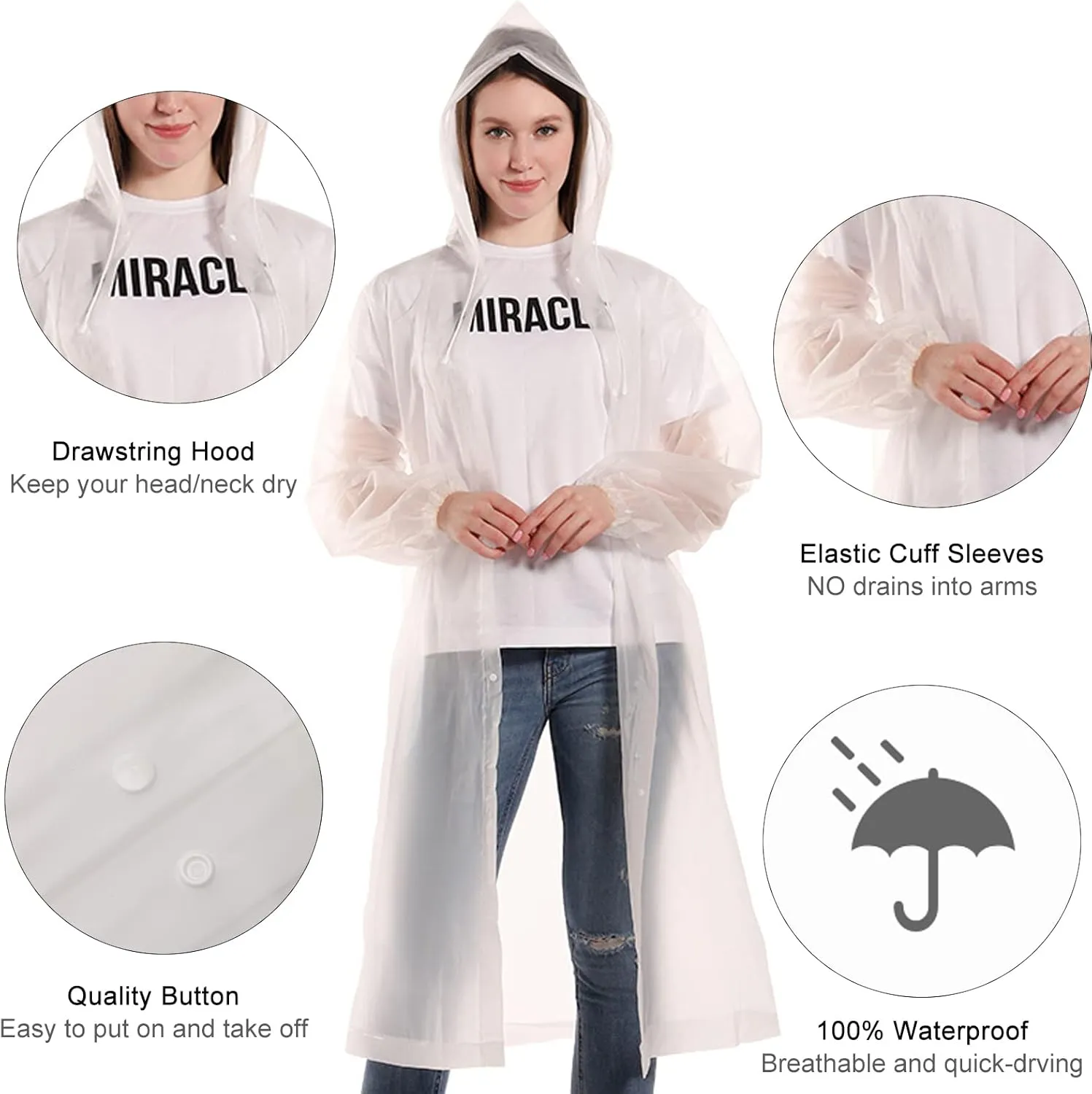 Rain Ponchos for Adults, Reusable Lightweight Rain Coat for Men and Women