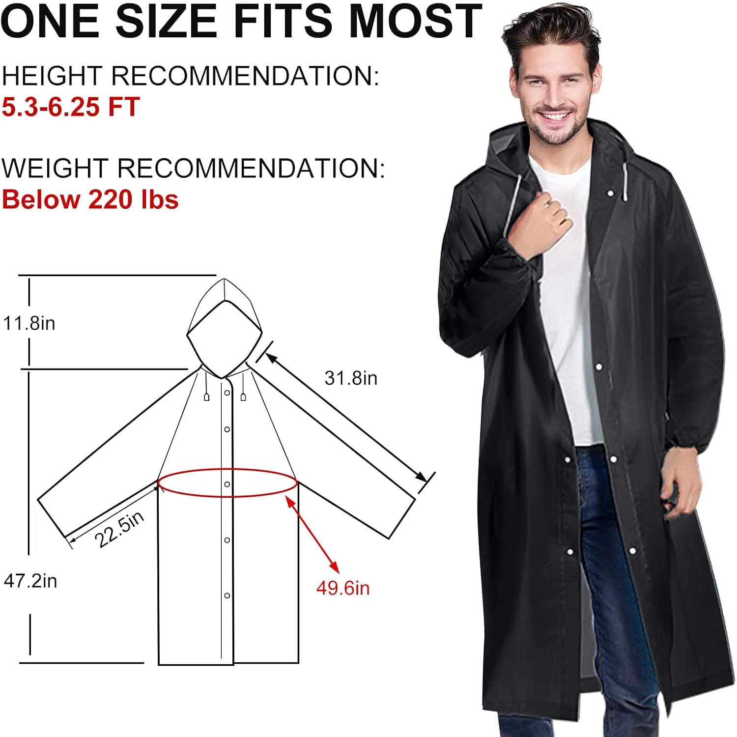 Rain Ponchos for Adults, Reusable Lightweight Rain Coat for Men and Women