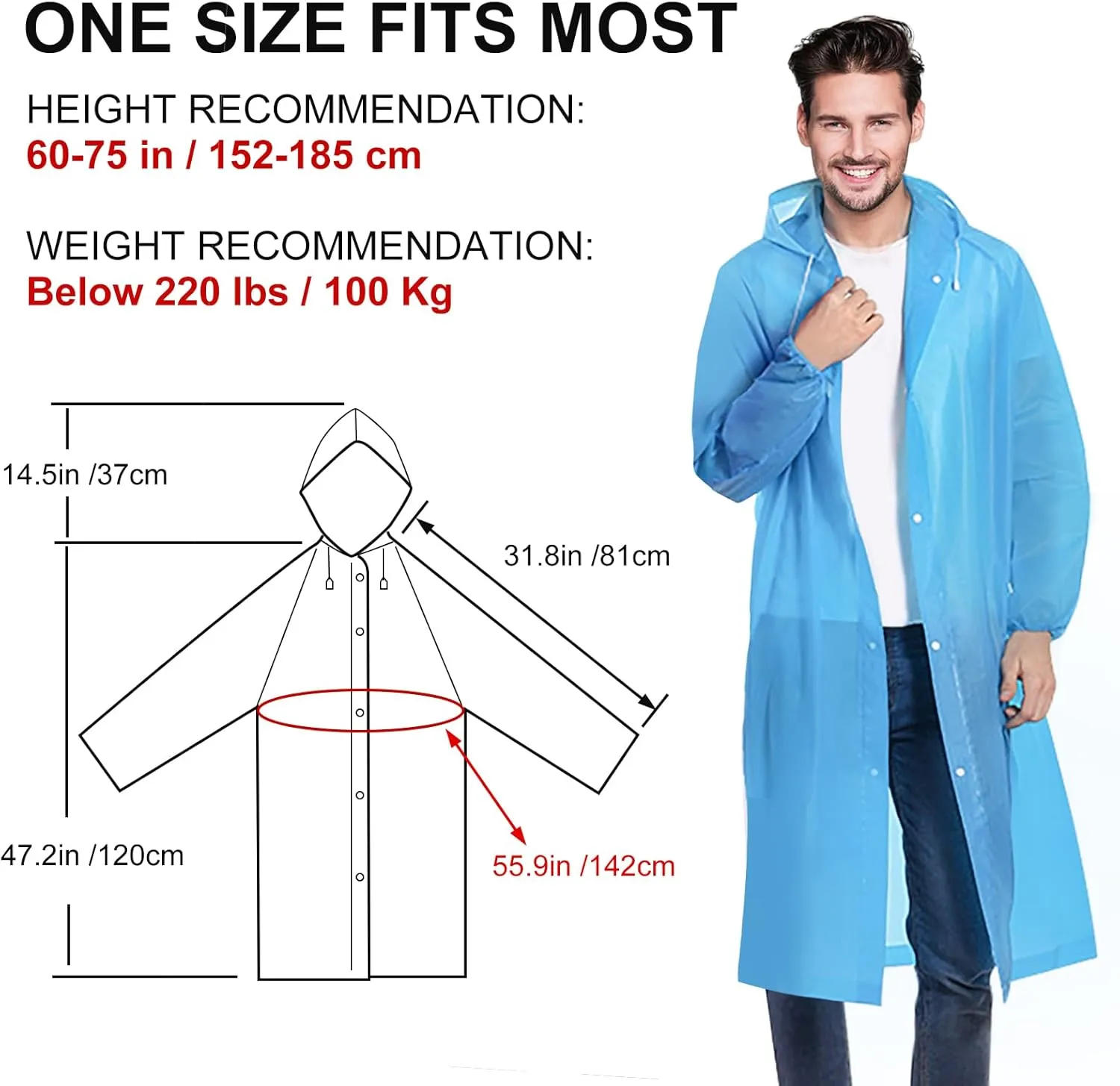 Rain Ponchos for Adults, Reusable Lightweight Rain Coat for Men and Women