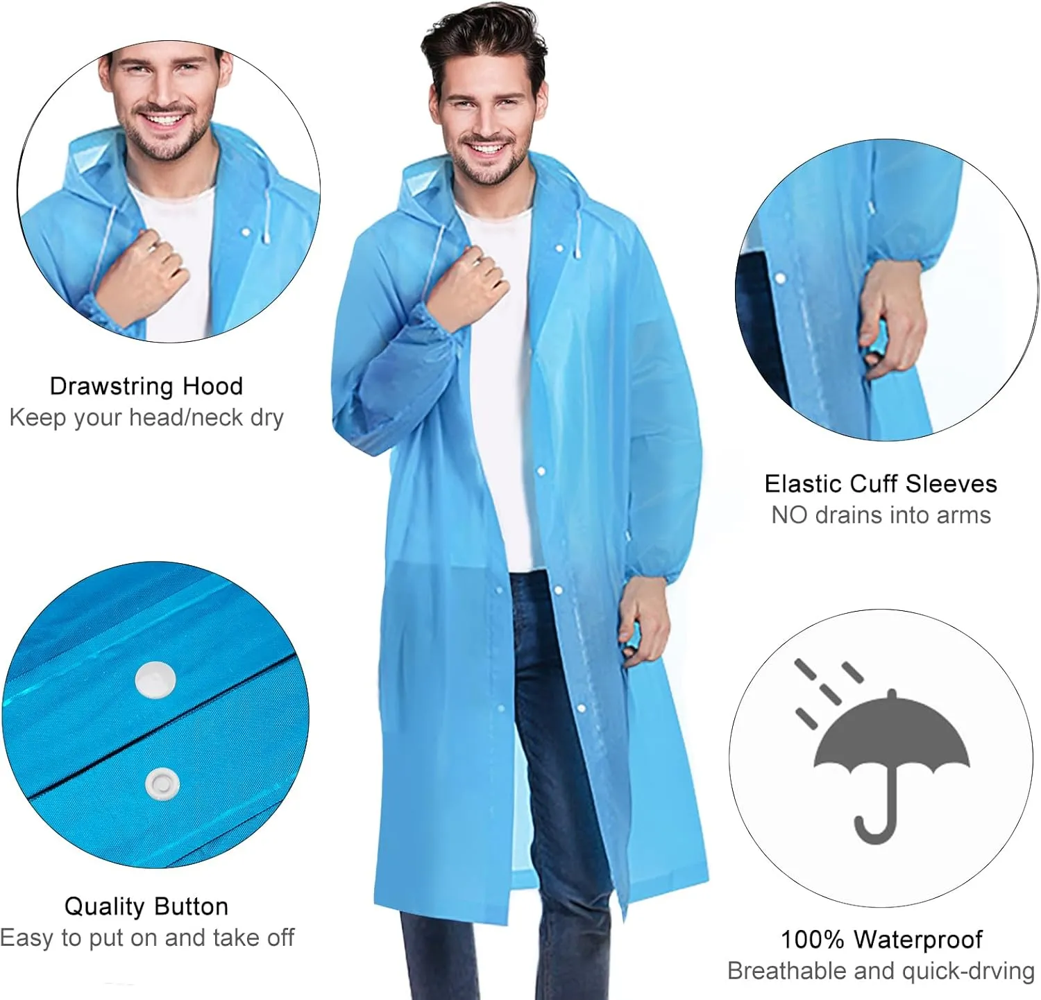 Rain Ponchos for Adults, Reusable Lightweight Rain Coat for Men and Women