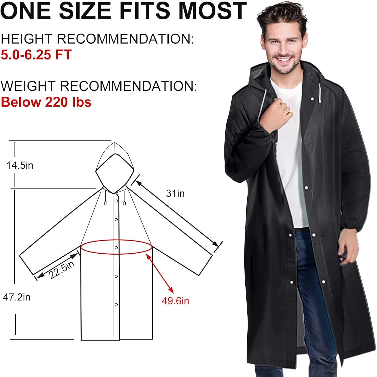 Rain Ponchos for Adults, Reusable Lightweight Rain Coat for Men and Women