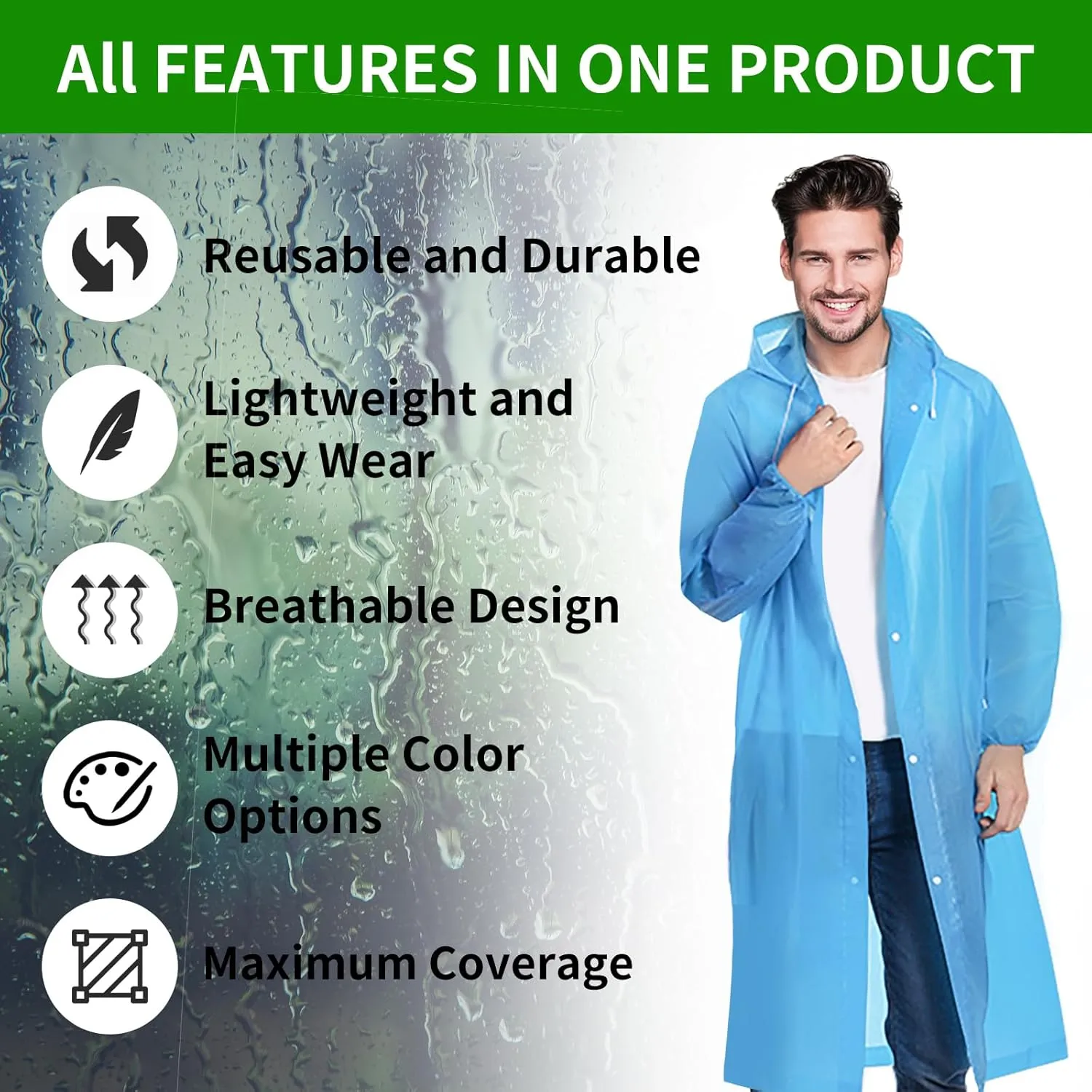 Rain Ponchos for Adults, Reusable Lightweight Rain Coat for Men and Women